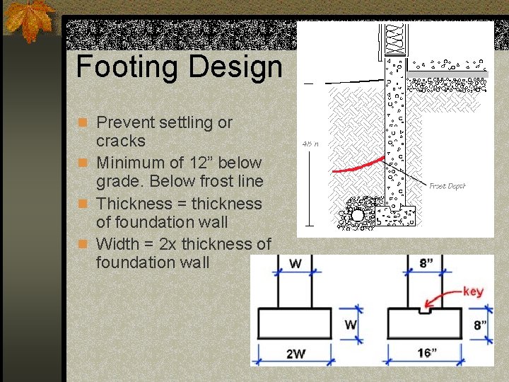 Footing Design n Prevent settling or cracks n Minimum of 12” below grade. Below