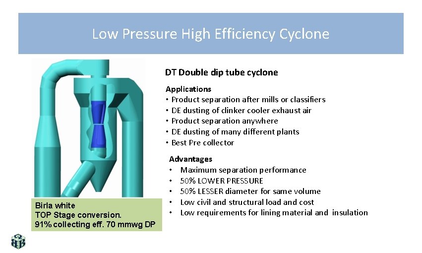 Low Pressure High Efficiency Cyclone DT Double dip tube cyclone Applications • Product separation