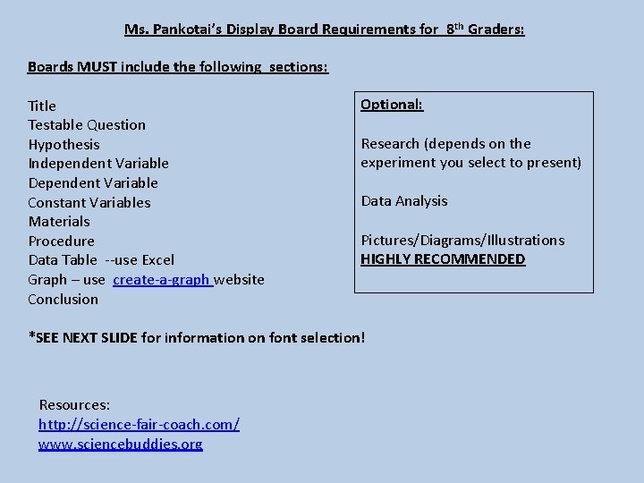 Ms. Pankotai’s Display Board Requirements for 8 th Graders: Boards MUST include the following