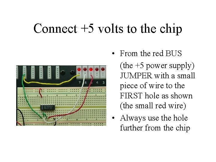 Connect +5 volts to the chip • From the red BUS (the +5 power