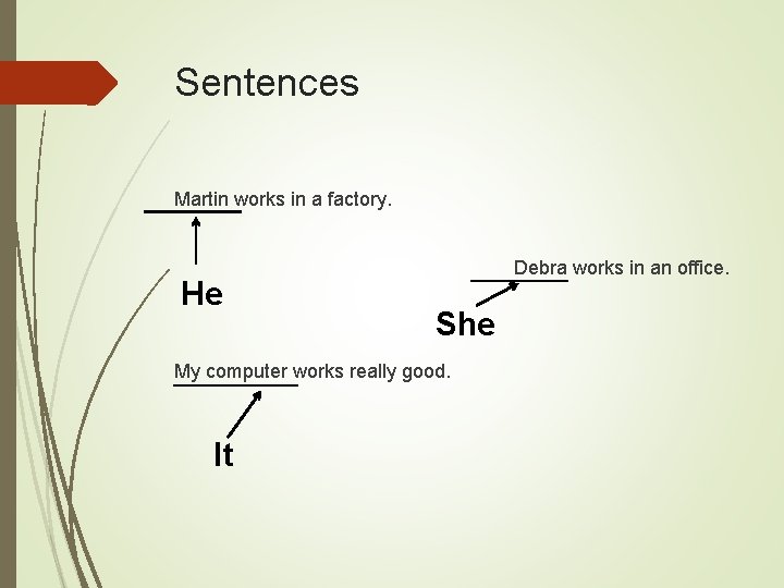 Sentences Martin works in a factory. He Debra works in an office. She My
