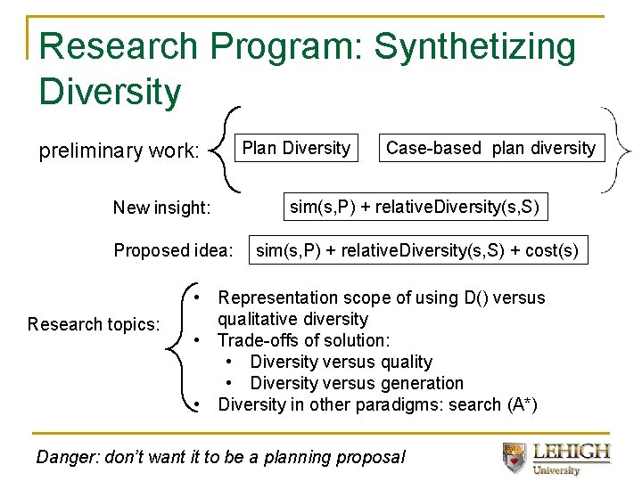 Research Program: Synthetizing Diversity preliminary work: New insight: Proposed idea: Research topics: Plan Diversity