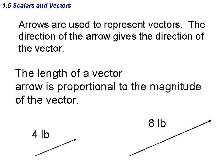 1. 5 Scalars and Vectors Arrows are used to represent vectors. The direction of