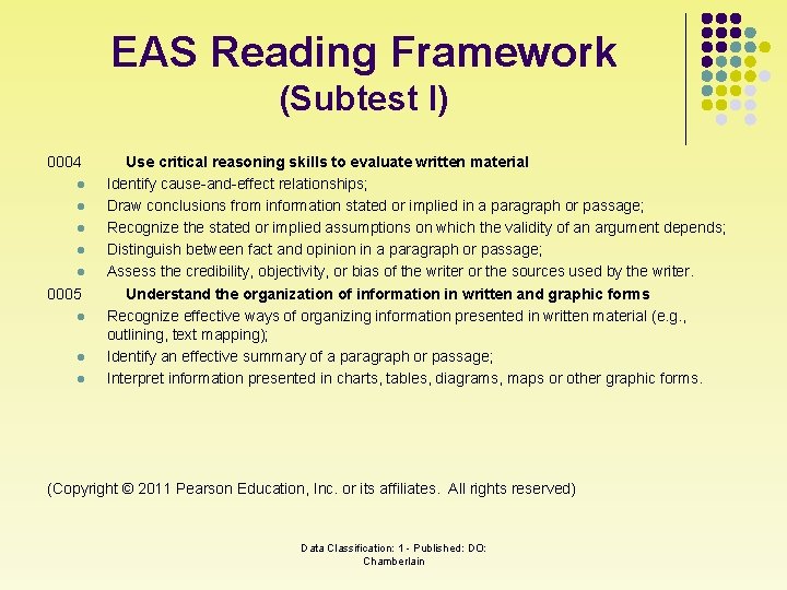 EAS Reading Framework (Subtest I) 0004 l l l 0005 l l l Use