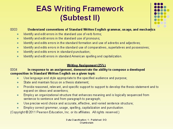 EAS Writing Framework (Subtest II) 0003 l l l Understand conventions of Standard Written