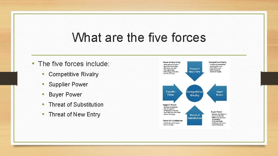 What are the five forces • The five forces include: • • • Competitive