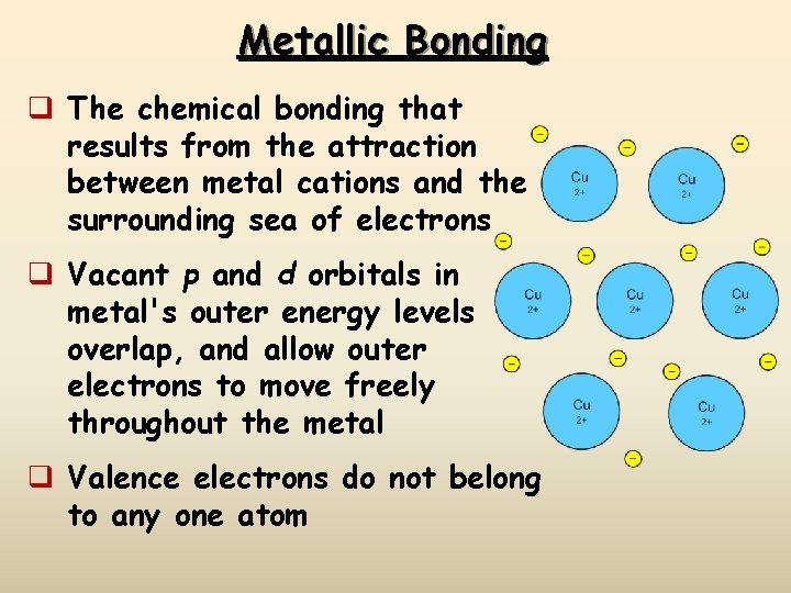 Metallic Bonding q The chemical bonding that results from the attraction between metal cations