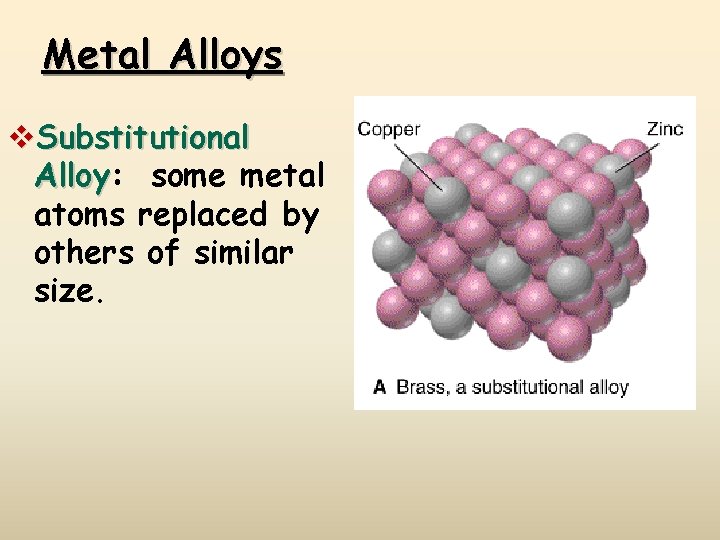Metal Alloys v. Substitutional Alloy: Alloy some metal atoms replaced by others of similar