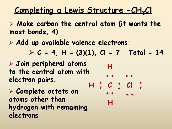 Completing a Lewis Structure -CH 3 Cl Ø Make carbon the central atom (it