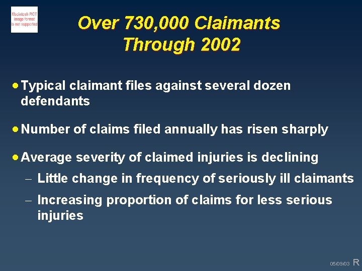 Over 730, 000 Claimants Through 2002 · Typical claimant files against several dozen defendants