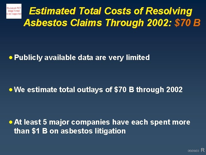 Estimated Total Costs of Resolving Asbestos Claims Through 2002: $70 B · Publicly available