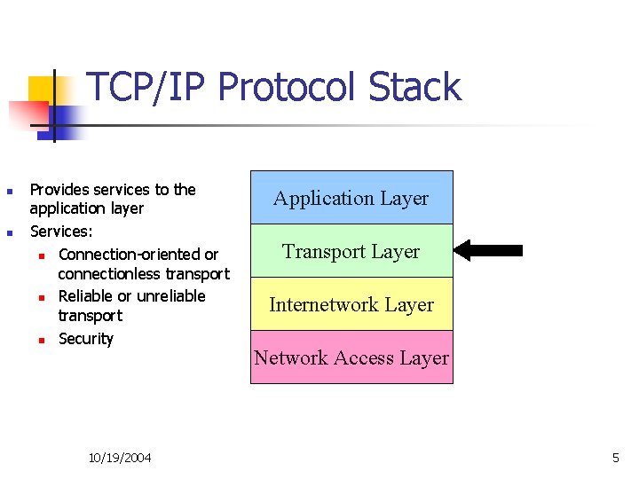 TCP/IP Protocol Stack n n Provides services to the application layer Services: n Connection-oriented