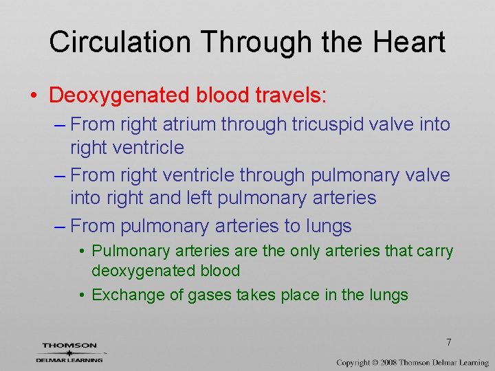 Circulation Through the Heart • Deoxygenated blood travels: – From right atrium through tricuspid