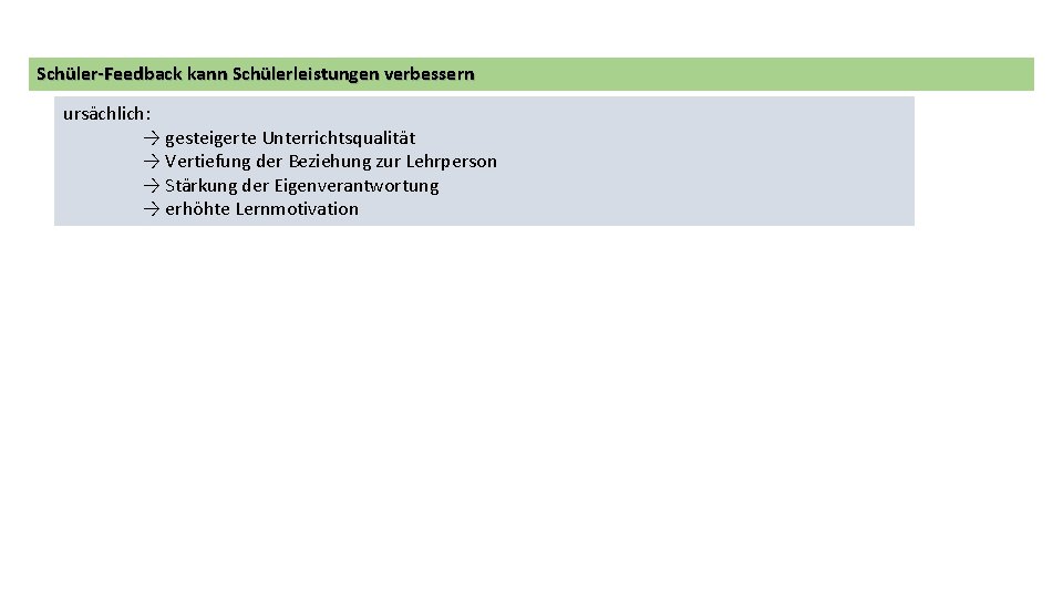 Schüler-Feedback kann Schülerleistungen verbessern ursächlich: → gesteigerte Unterrichtsqualität → Vertiefung der Beziehung zur Lehrperson