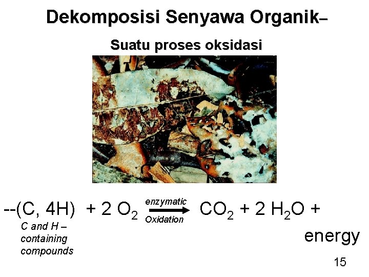 Dekomposisi Senyawa Organik– Suatu proses oksidasi --(C, 4 H) + 2 O 2 C