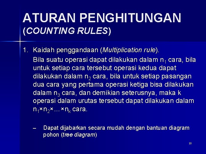 ATURAN PENGHITUNGAN (COUNTING RULES) 1. Kaidah penggandaan (Multiplication rule). Bila suatu operasi dapat dilakukan