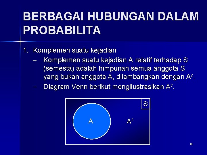 BERBAGAI HUBUNGAN DALAM PROBABILITA 1. Komplemen suatu kejadian - Komplemen suatu kejadian A relatif