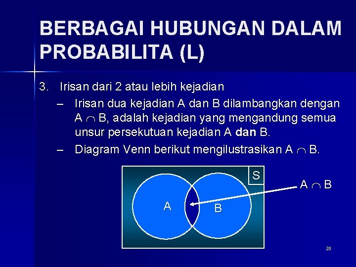 BERBAGAI HUBUNGAN DALAM PROBABILITA (L) 3. Irisan dari 2 atau lebih kejadian – Irisan