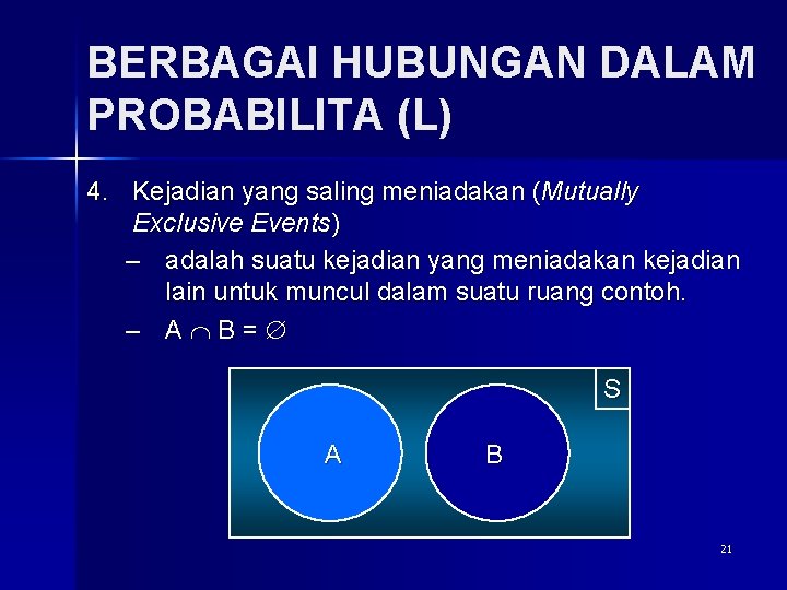 BERBAGAI HUBUNGAN DALAM PROBABILITA (L) 4. Kejadian yang saling meniadakan (Mutually Exclusive Events) –