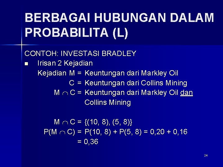 BERBAGAI HUBUNGAN DALAM PROBABILITA (L) CONTOH: INVESTASI BRADLEY n Irisan 2 Kejadian M =