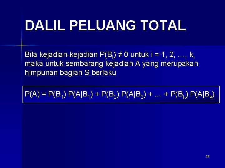 DALIL PELUANG TOTAL Bila kejadian-kejadian P(Bi) ≠ 0 untuk i = 1, 2, …,