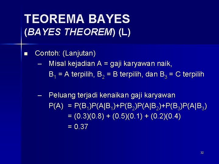 TEOREMA BAYES (BAYES THEOREM) (L) n Contoh: (Lanjutan) – Misal kejadian A = gaji