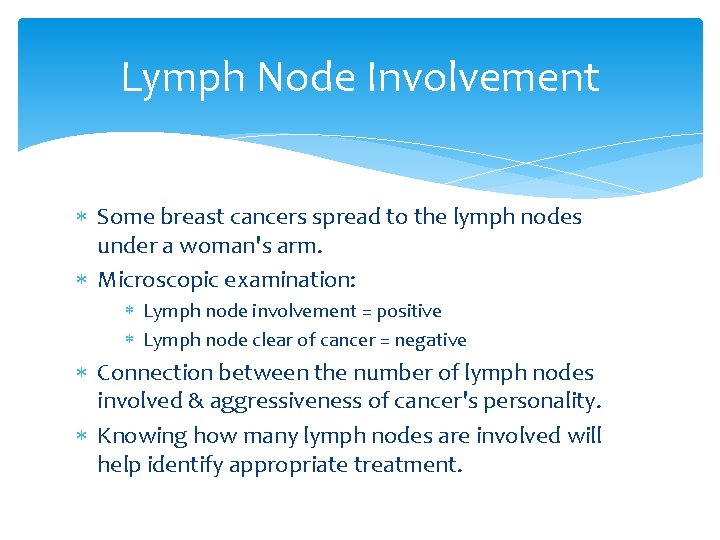 Lymph Node Involvement Some breast cancers spread to the lymph nodes under a woman's