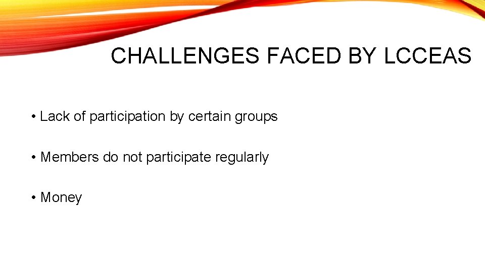 CHALLENGES FACED BY LCCEAS • Lack of participation by certain groups • Members do