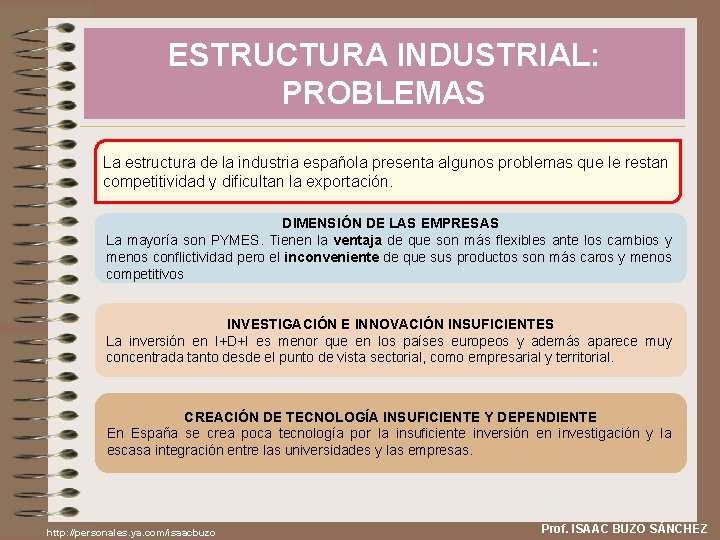 ESTRUCTURA INDUSTRIAL: PROBLEMAS La estructura de la industria española presenta algunos problemas que le