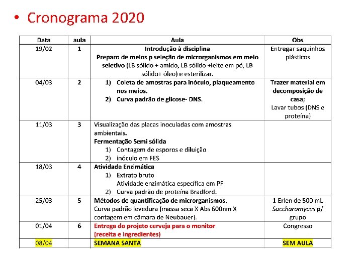  • Cronograma 2020 