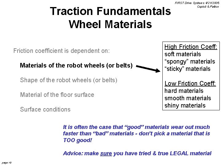 Traction Fundamentals Wheel Materials Friction coefficient is dependent on: Materials of the robot wheels