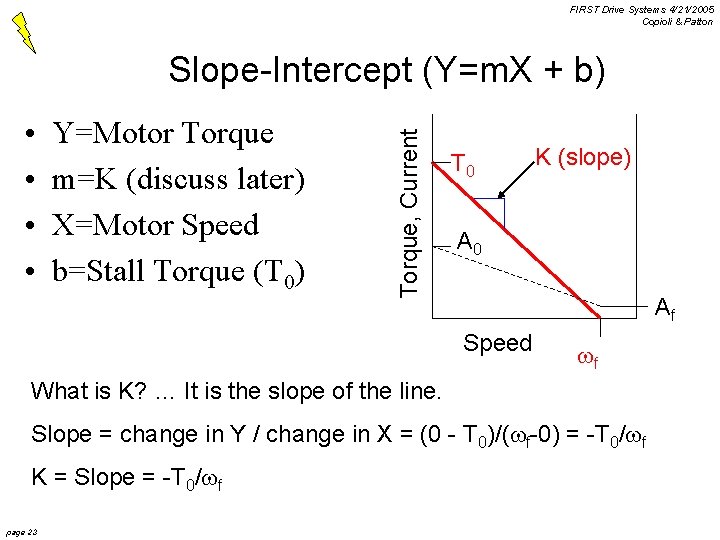 FIRST Drive Systems 4/21/2005 Copioli & Patton • • Y=Motor Torque m=K (discuss later)