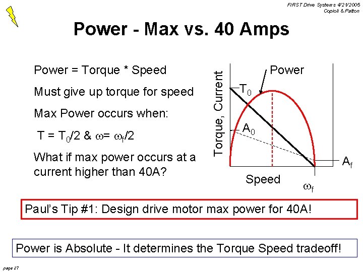 FIRST Drive Systems 4/21/2005 Copioli & Patton Power = Torque * Speed Must give
