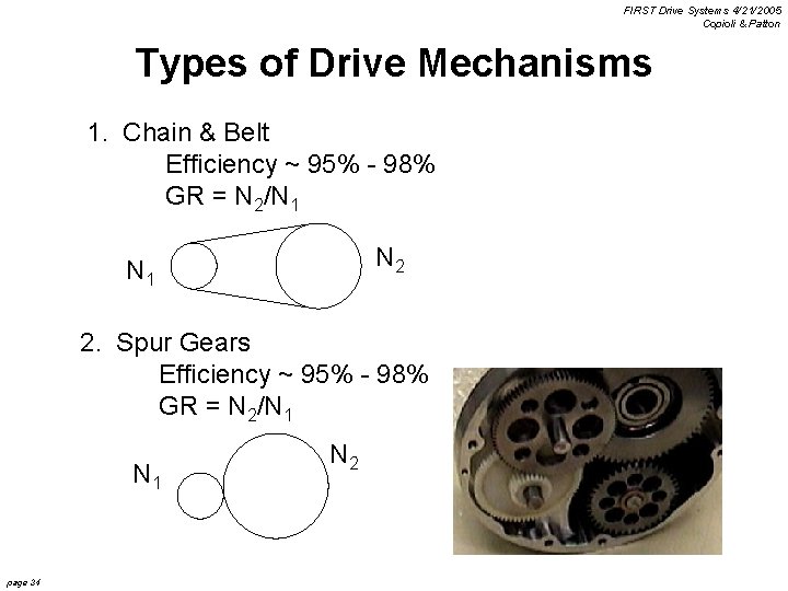 FIRST Drive Systems 4/21/2005 Copioli & Patton Types of Drive Mechanisms 1. Chain &