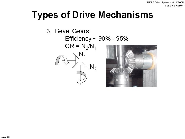 FIRST Drive Systems 4/21/2005 Copioli & Patton Types of Drive Mechanisms 3. Bevel Gears