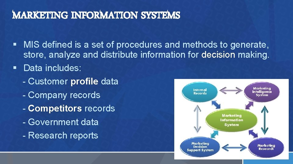 MARKETING INFORMATION SYSTEMS § MIS defined is a set of procedures and methods to