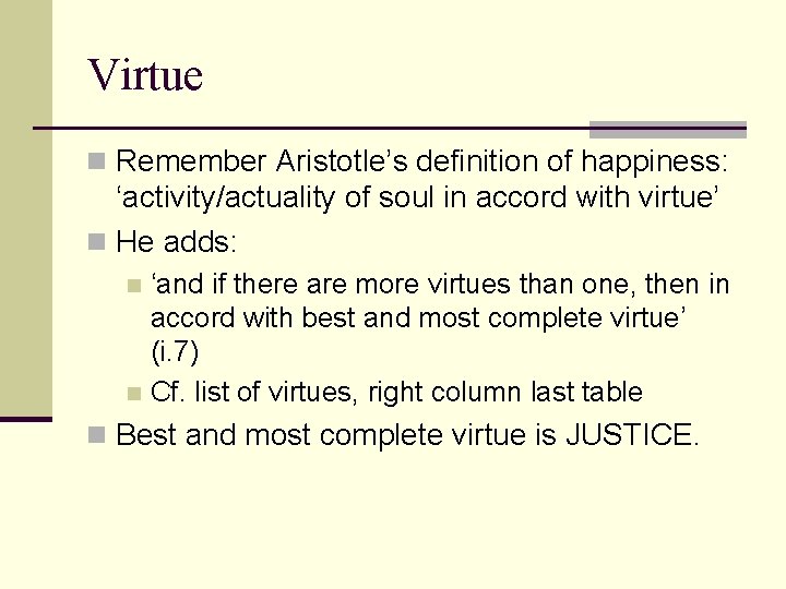 Virtue n Remember Aristotle’s definition of happiness: ‘activity/actuality of soul in accord with virtue’ Virtue n Remember Aristotle’s definition of happiness: ‘activity/actuality of soul in accord with virtue’