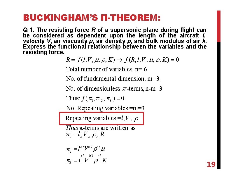 BUCKINGHAM’S Π-THEOREM: Q 1. The resisting force R of a supersonic plane during flight