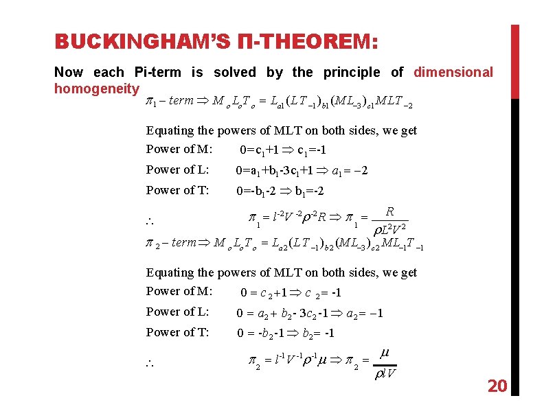 BUCKINGHAM’S Π-THEOREM: Now each Pi-term is solved by the principle of dimensional homogeneity 1