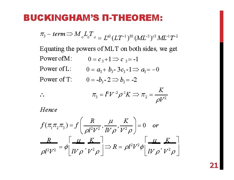 BUCKINGHAM’S Π-THEOREM: 3 term M o Lo. T o La 3 (LT 1 )b
