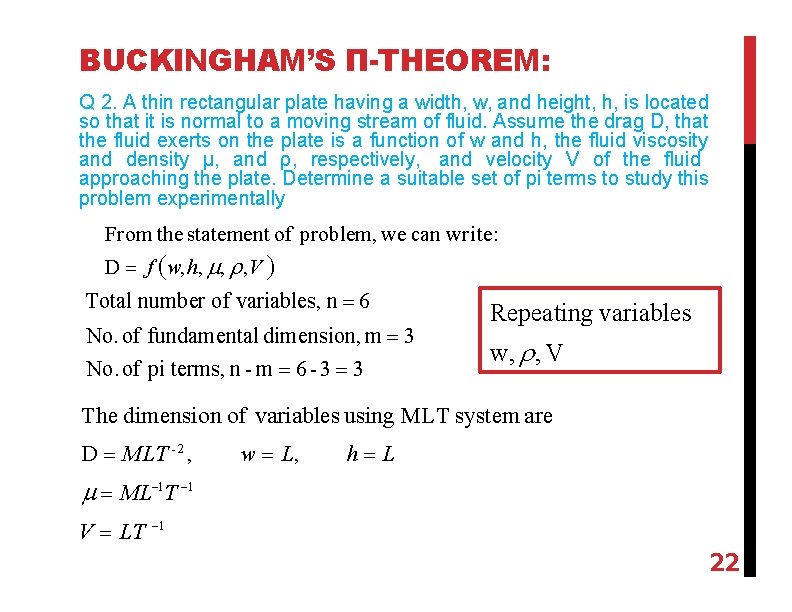 BUCKINGHAM’S Π-THEOREM: Q 2. A thin rectangular plate having a width, w, and height,