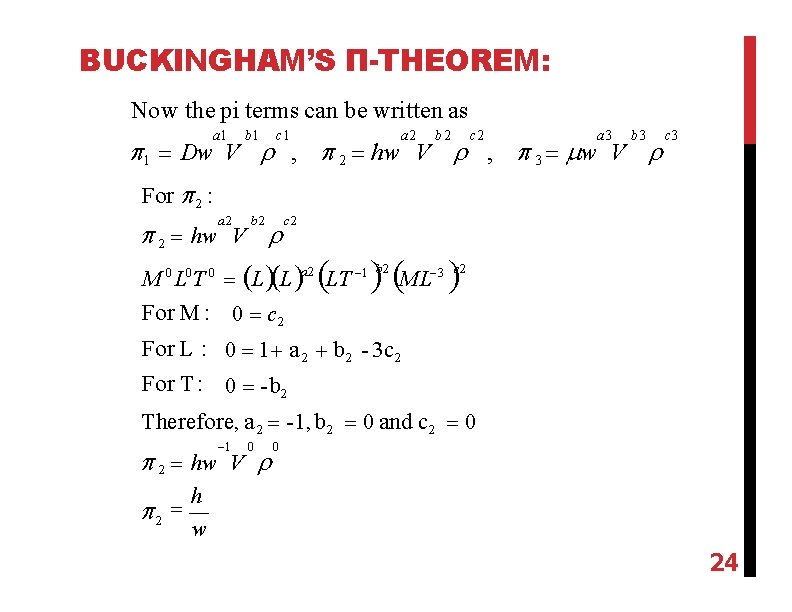 BUCKINGHAM’S Π-THEOREM: Now the pi terms can be written as a 1 b 1