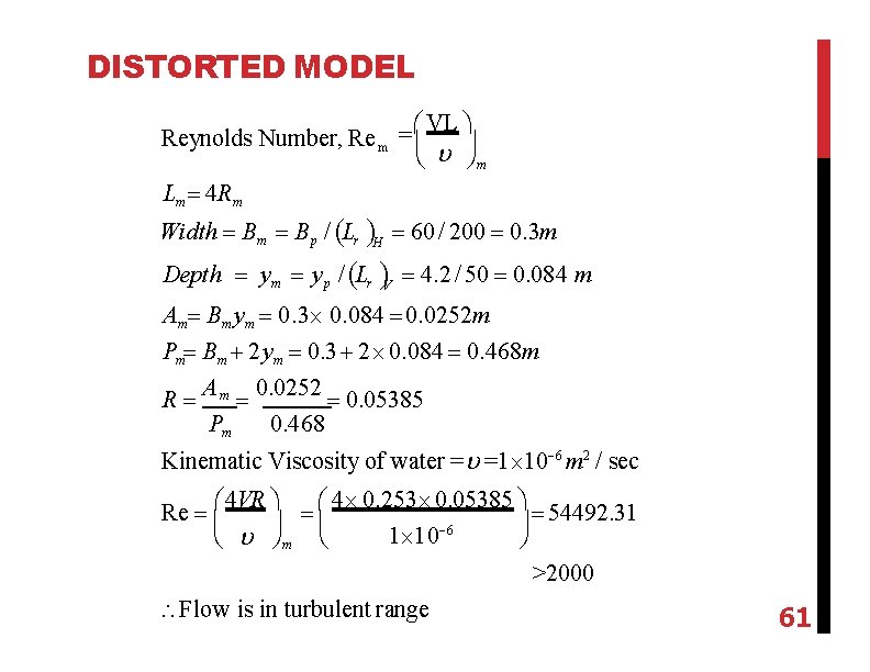 DISTORTED MODEL VL = Reynolds Number, Re m m Lm 4 Rm Width Bm