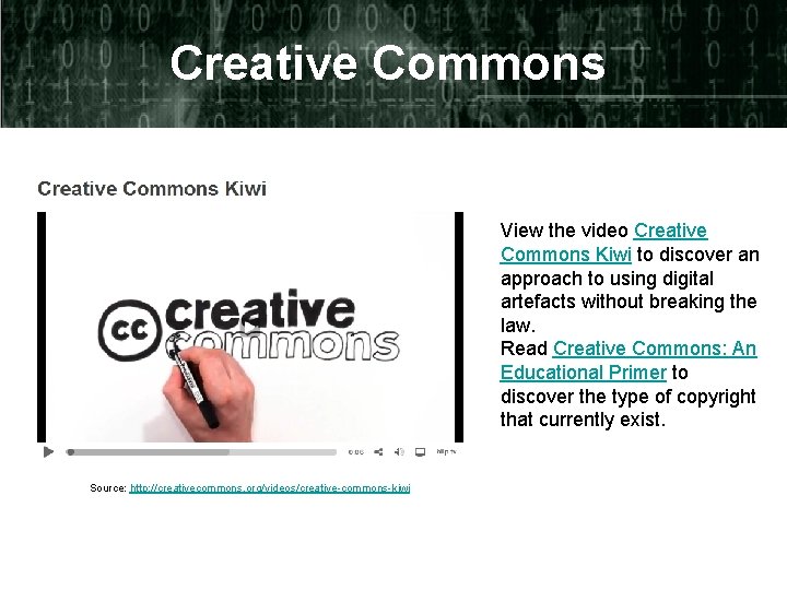 Creative Commons View the video Creative Commons Kiwi to discover an approach to using