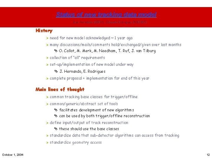 Status of new tracking data model Jose Hernando (CERN) , Eduardo Rodrigues (NIKHEF) History