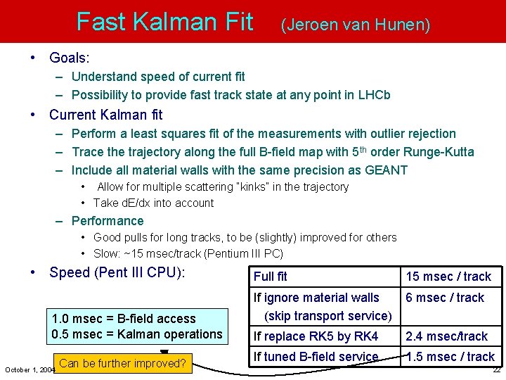 Fast Kalman Fit (Jeroen van Hunen) • Goals: – Understand speed of current fit