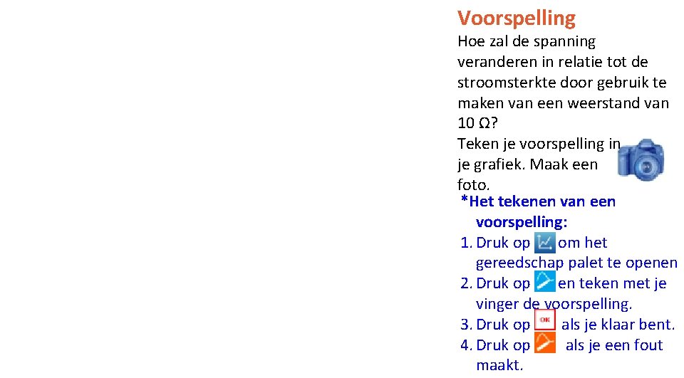 Voorspelling Hoe zal de spanning veranderen in relatie tot de stroomsterkte door gebruik te