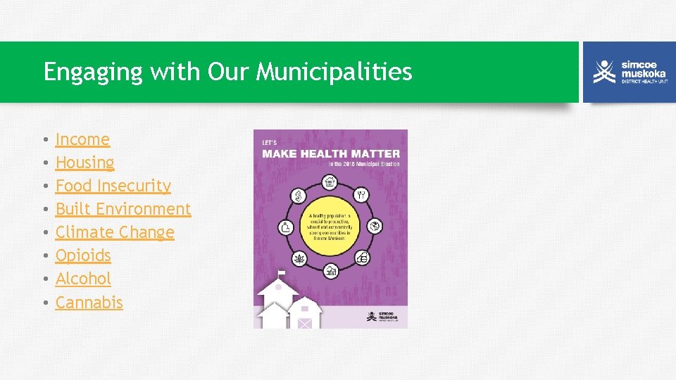 Engaging with Our Municipalities • • Income Housing Food Insecurity Built Environment Climate Change