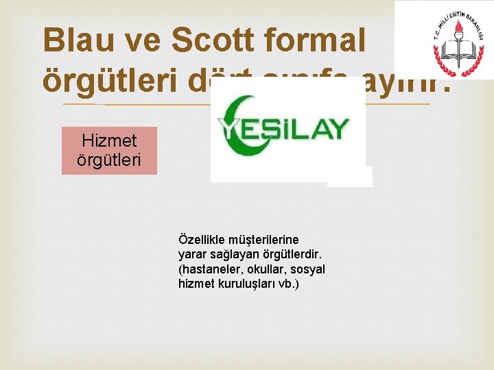 Blau ve Scott formal örgütleri dört sınıfa ayırır: Hizmet örgütleri Özellikle müşterilerine yarar sağlayan