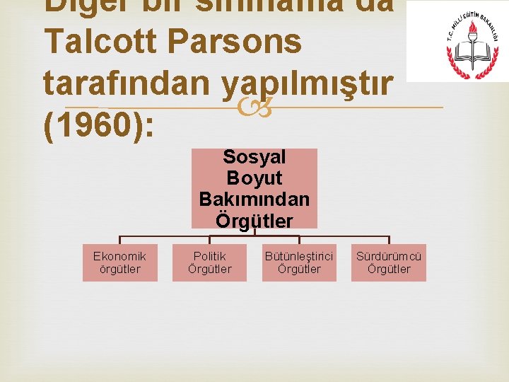 Diğer bir sınıflama da Talcott Parsons tarafından yapılmıştır (1960): Sosyal Boyut Bakımından Örgütler Ekonomik